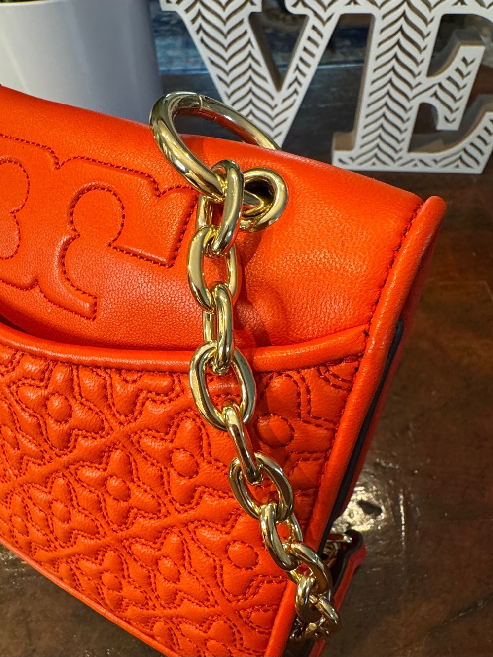 Tory Burch Bright Orange Quilted Crossbody with Gold Chain - Picture 3 of 13